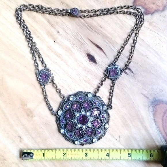 Vintage Antique 1920s Art Deco Gold Tone Brass Rhinestone Medallion Necklace - Picture 16 of 16